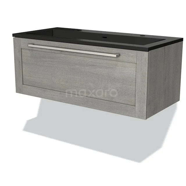 Grey wooden vanity unit with black worktop, modern drawers and chrome handle, ideal for stylish bathroom design.