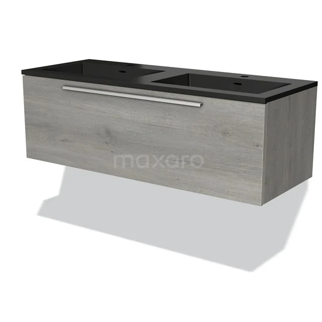 Modulo Vanity units with basin | 120 cm Grey oak Flat front Quartz 1 drawer BMW11-03746 Wooden bathroom unit with grey finish, double sink and metal Handle, modern design for stylish bathrooms.