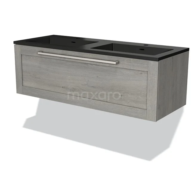 Modulo Vanity units with basin | 120 cm Grey oak Frame front Quartz 1 drawer BMW11-03747 Wooden bathroom unit with double black basin, grey front panels and chrome handle, perfect for modern bathrooms.