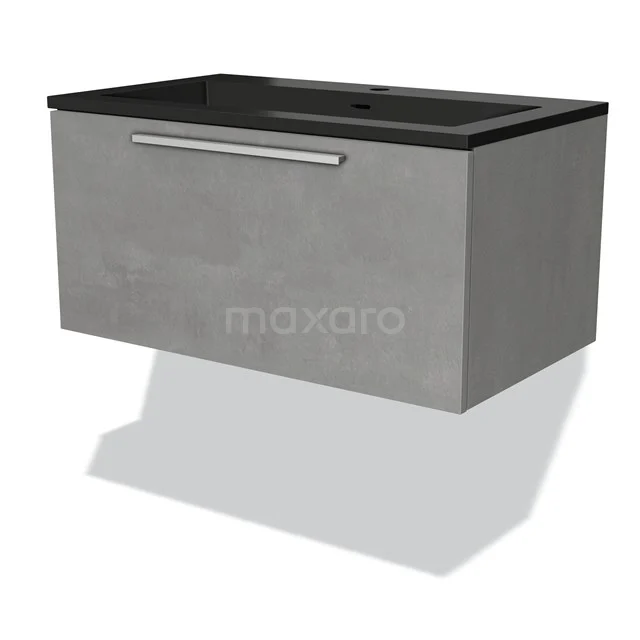 Badmöbel 80cm Modulo hellgrauer Beton 1 Schublade Flaches Waschbecken Quarz BMW11-03749 Grauer hängender Badschrank mit schwarzem Waschbecken, modernes Design, Betonlook, eine Schublade und metallischem Haltegriff.