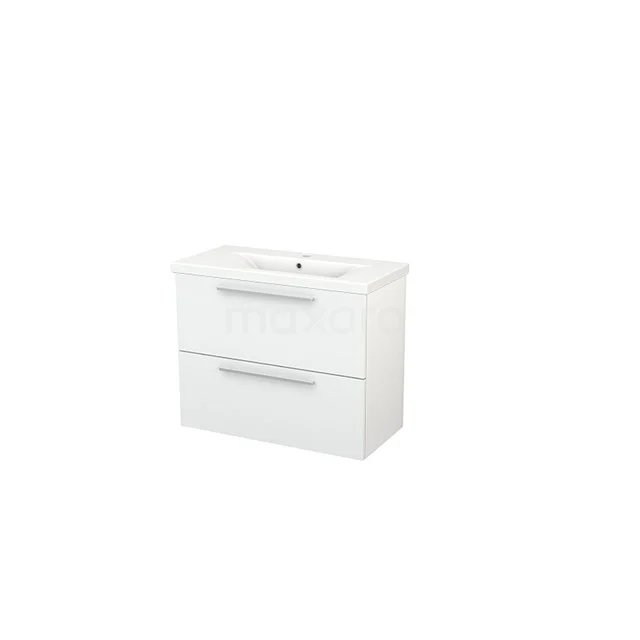 Modulo+ Slim Bathroom furniture with sink | 80 cm High-gloss white Flat front Ceramic 2 Stacked drawers BMS000072 White bathroom unit with two drawers and ceramic basin, modern design, ideal for compact bathrooms.