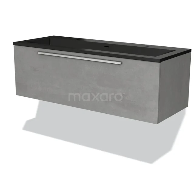 Grey floating bathroom unit with black worktop, concrete-look finish, sleek design and a long metal Handle.