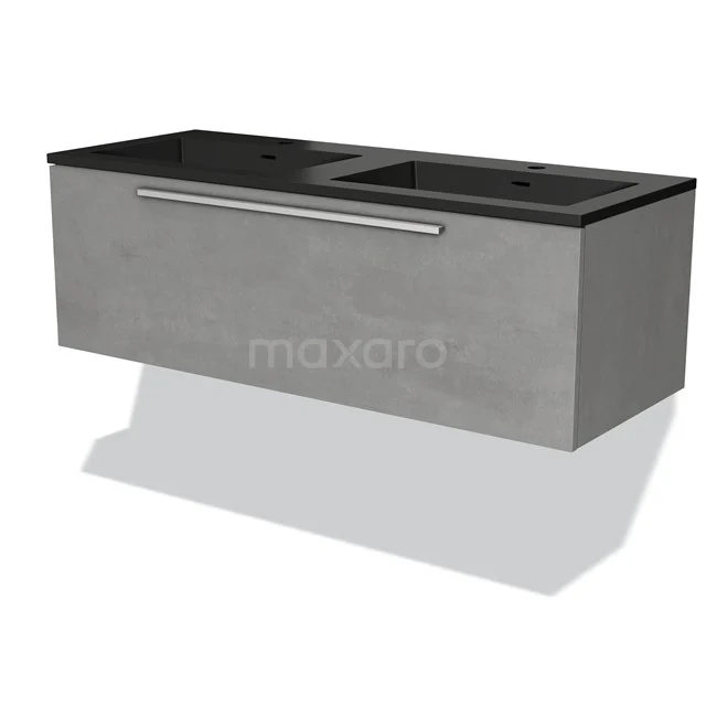 Modulo Vanity units with basin | 120 cm Light grey concrete Flat front Quartz 1 drawer BMW11-03752 Grey bathroom furniture set with double basin in black metal, minimalist design and metal handle. Modern and functional.