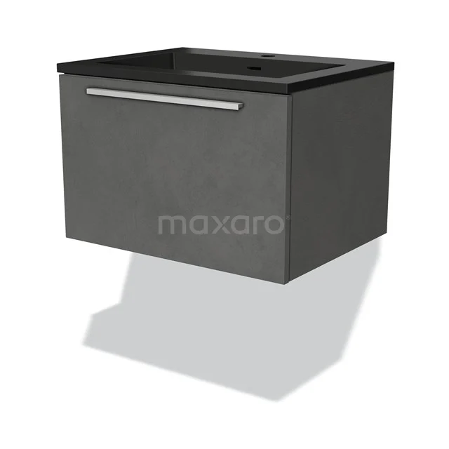 Wandhängendes Badmöbel, antrazitgraue Oberfläche mit matt schwarzem Waschbecken, modernes Design, ideal für kleine Bäder.