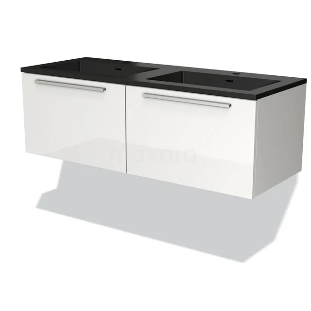 White floating bathroom furniture set with black basin worktop, double sink and sleek chrome handles.