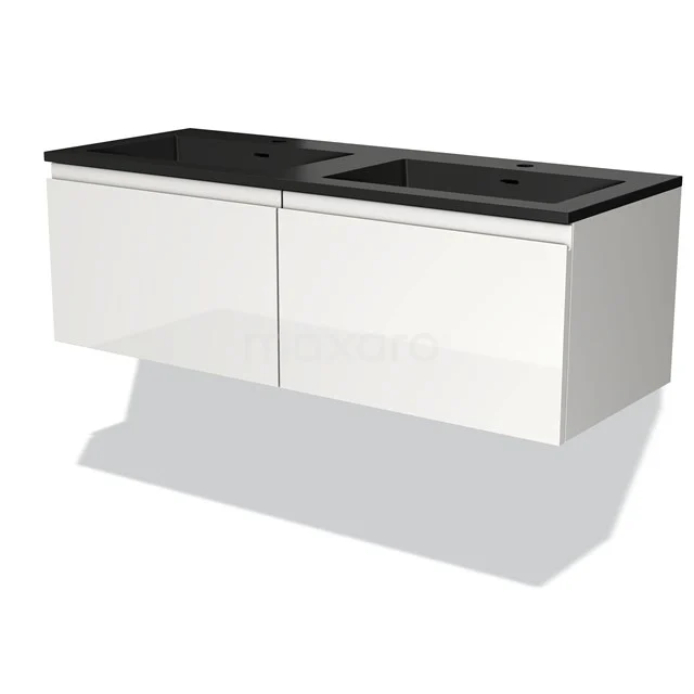 Wit hangend badkamermeubel met zwarte wastafel, strak design, dubbele waskommen, ideale aanvulling voor moderne badkamers.