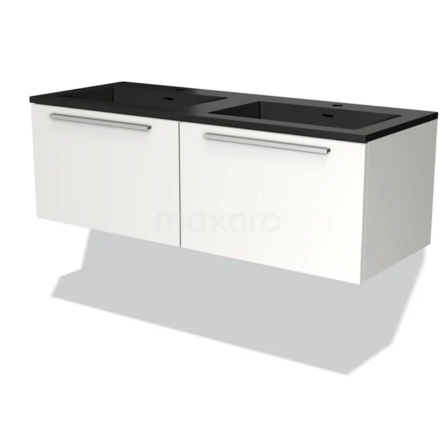 Wit zwevend badkamermeubel met zwart wastafelblad, dubbele lades en modern design voor een stijlvolle badkamer.