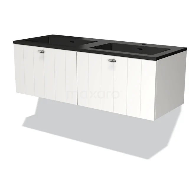 Modulo Bathroom furniture with sink | 120 cm Matte white Slat front Quartz 2 Side-by-side drawers BMW12-00834 White bathroom furniture set with double basin in black, modern design and wooden panels, ideal for stylish bathroom design.