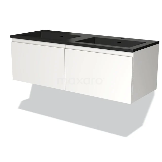 Wit, zwevend badkamermeubel met dubbele zwarte wastafel, strak design, ideaal voor moderne badkamerinrichting.