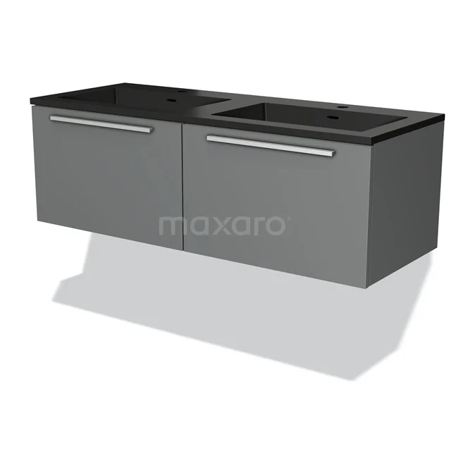 Grijze dubbele wastafelonderkast met zwarte bovenplaat, strak design, ideaal voor een moderne badkamer inrichting.