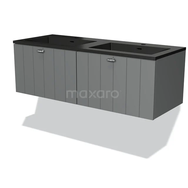 Grijze houten badkamermeubel met zwart wastafelblad, hangend design en dubbele wasbak, ideaal voor moderne badkamers.