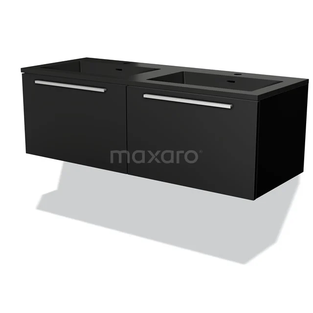 Zwarte dubbele wastafelmeubel met strakke lijnen, wandmodel, geschikt voor moderne badkamers, voorzien van metalen grepen.