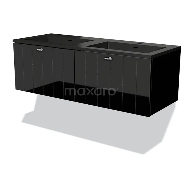Zwarte dubbele wastafelmeubel, zwevend design met hoogglans afwerking, ideaal voor een moderne badkamer.