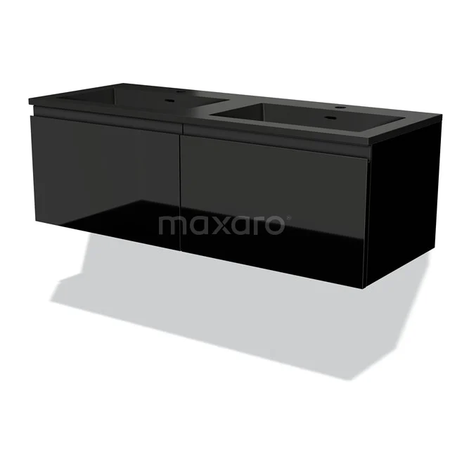 Schwarzer Doppelwaschbeckenunterschrank in Hochglanz, modernes Design, ideal für eine stilvolle Badezimmergestaltung.