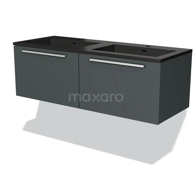 Hanging bathroom unit with double basin in matte black, matt anthracite, metal handles, modern style.