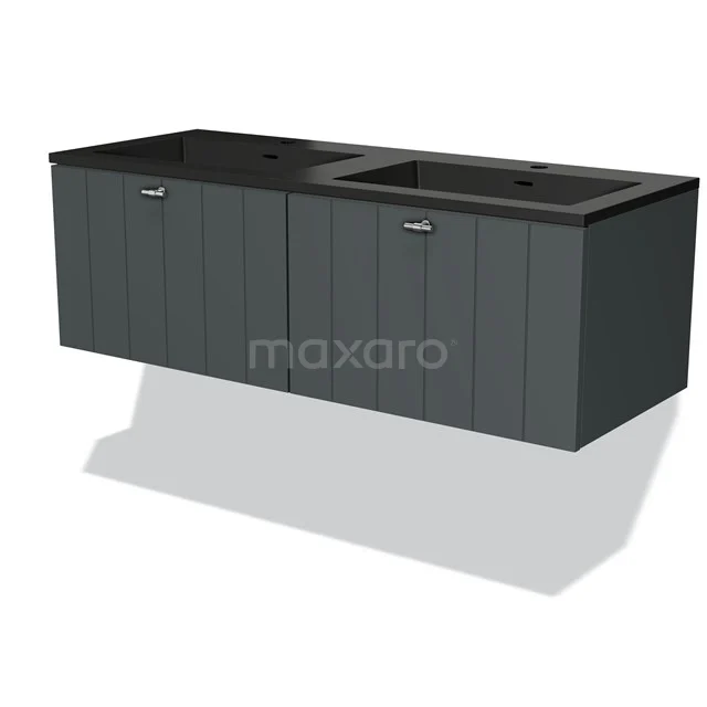 Donkergrijze wandhangende badkamermeubelset met dubbele zwarte wastafel, houtlook panelen en moderne afwerking.