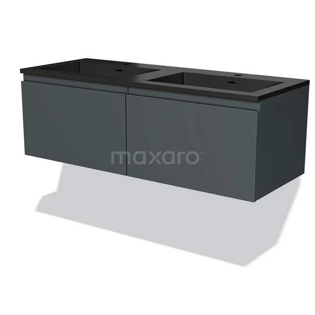 Donkergrijze zwevende badkamermeubel met twee wasbakken, strak design, ideaal voor moderne badkamers.