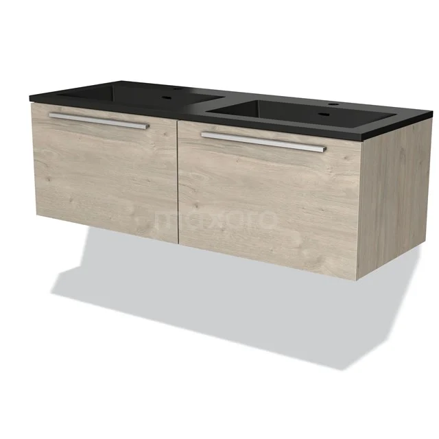Houten badkamermeubel met donker wastafelblad, modern design, twee lades en metalen grepen, ideaal voor een stijlvolle badkamer.