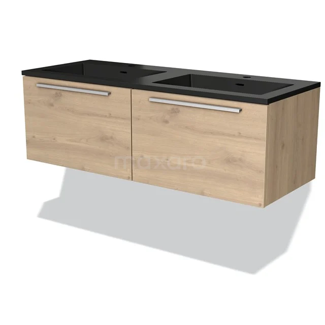 Houten badkamermeubel met dubbele zwarte wastafel, zwevend design, ideaal voor moderne badkamers.