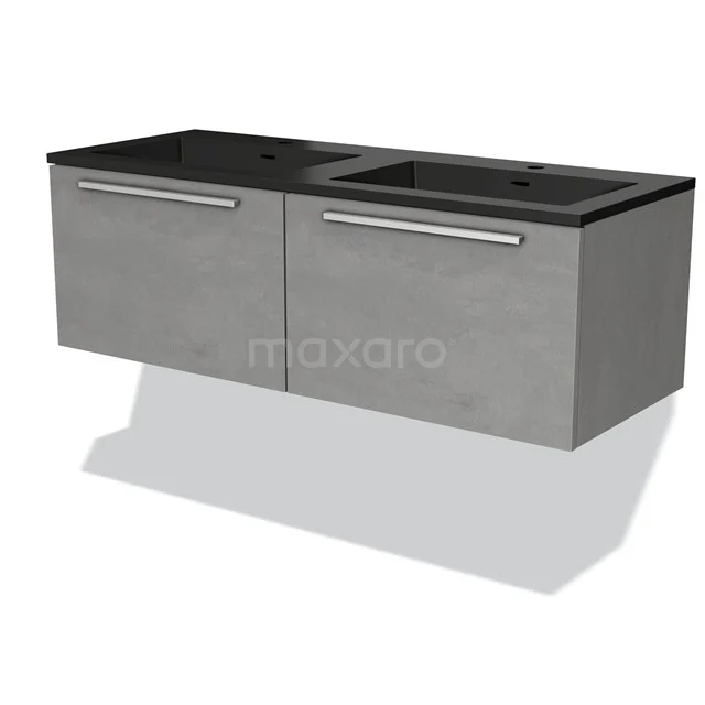 Modulo Bathroom furniture with sink | 120 cm Light grey concrete Flat front Quartz 2 Side-by-side drawers BMW12-00858 Grey hanging bathroom unit with vanity units with basin, modern look and black top; stylish design for any bathroom.