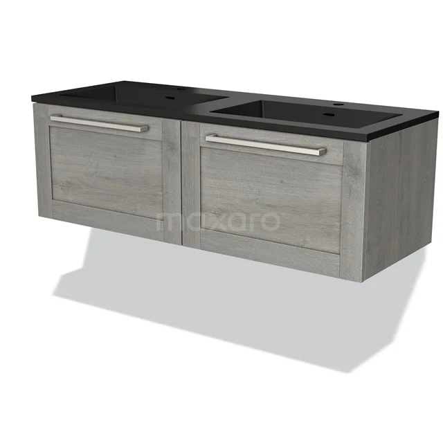 Wooden bathroom unit with double basin, grey oak design and black oak worktop, ideal for modern bathroom interiors.