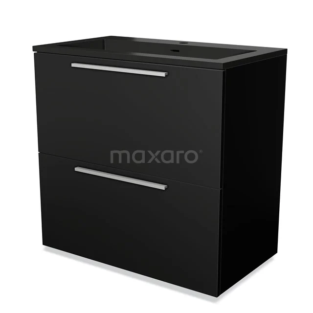 Zwarte badkamermeubelset met twee lades, strak design en metalen grepen, ideaal voor moderne badkamerinrichting.