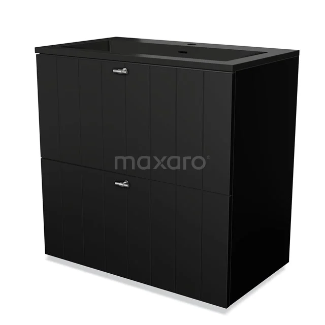 Schwarze Badmöbelset mit klarem Design, zwei Schubladen und Waschbecken, ideal für moderne Bäder.