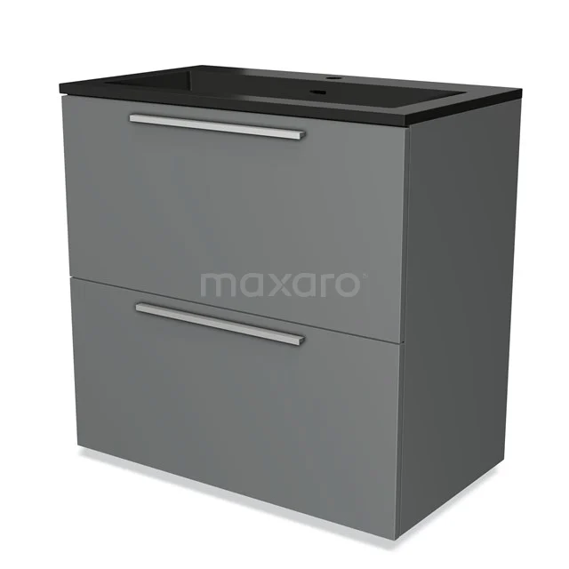 Grey bathroom cabinet with two drawers, black basin worktop, modern design, perfect for stylish and functional bathroom storage.