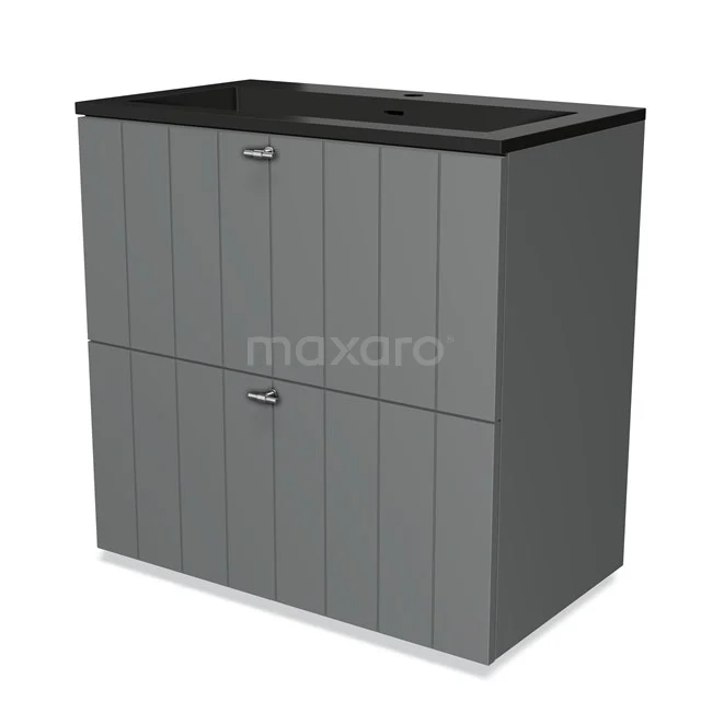 Grey bathroom cabinet with black basin, two drawers and vertical lines; stylishly designed for modern bathroom spaces.