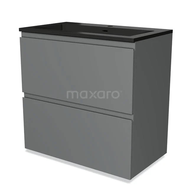 Grauer Badschrank mit zwei Schubladen, schlankes Design, schwarzer Waschtischplatte, ideal für moderne Bäder.