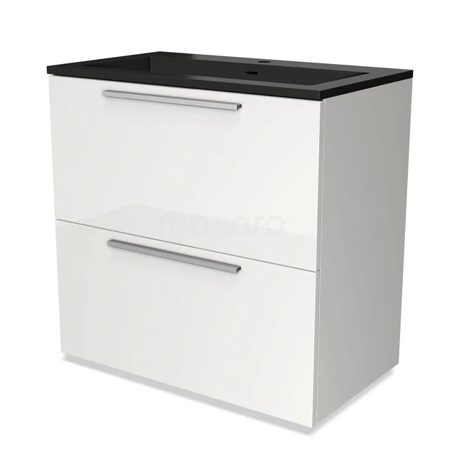 Wit badkamermeubel met twee laden en zwart wastafelblad, moderne rechthoekige vorm, perfect voor een stijlvolle badkamer.