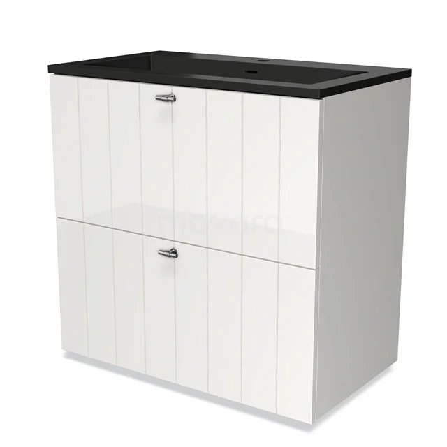 White bathroom unit with two drawers and black basin worktop, modern ribbed pattern, ideal for stylish bathroom storage.