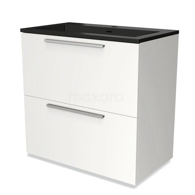 Weißer Badschrank mit zwei Schubladen, schwarzer Waschtischplatte und schlichten Haltegriffen, ideal für moderne Badezimmerlagerung.