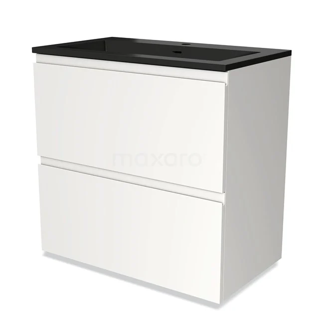 White bathroom unit with two drawers and a modern black vanity units with basin, sleek design made of high-quality materials.