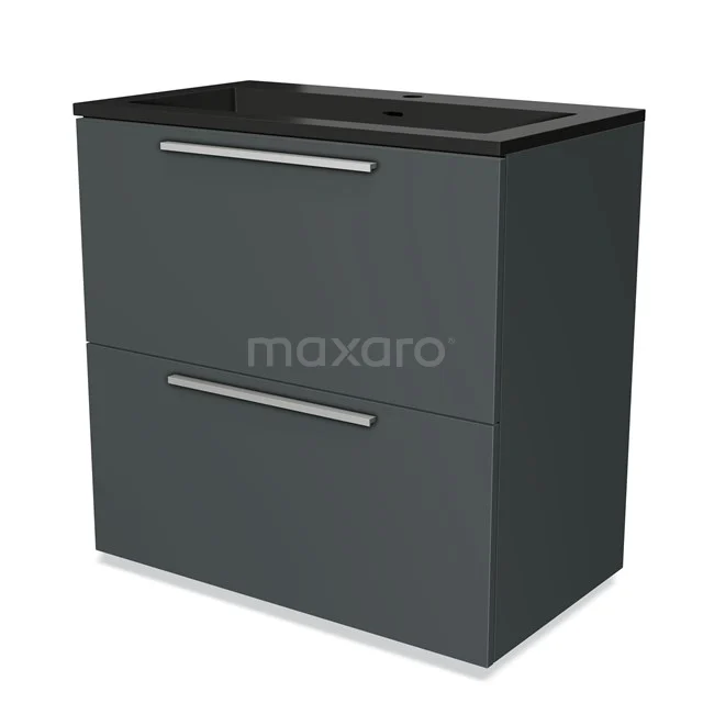 Grey bathroom furniture set with black basin worktop, metal handles and two spacious drawers for stylish storage space.