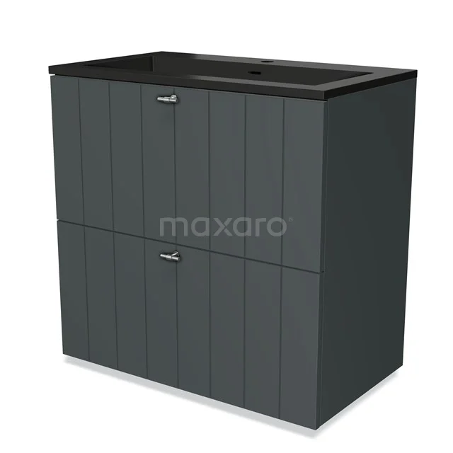 Grijs badkamermeubel met dubbele lade, verticaal geribbeld patroon en zwarte wasbak, modern design uit de LuxeLine-serie.