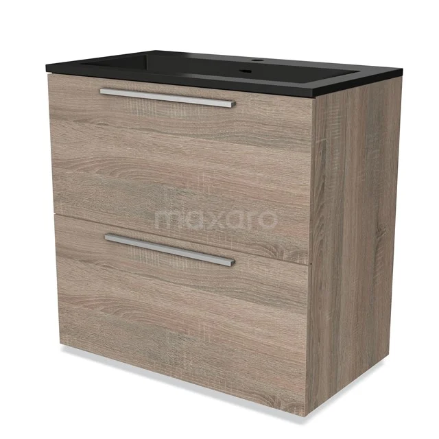 Houten badkamermeubel met zwarte wastafel, 2 lades en metalen handgrepen, modern design voor stijlvolle badkamers.