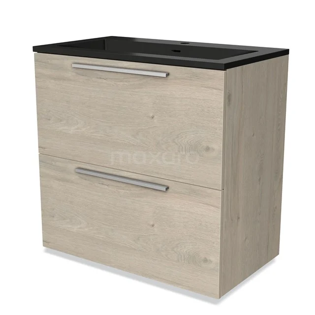 Houten badkamermeubel met licht eiken afwerking, twee brede lades en een zwarte wastafel; modern en stijlvol design.
