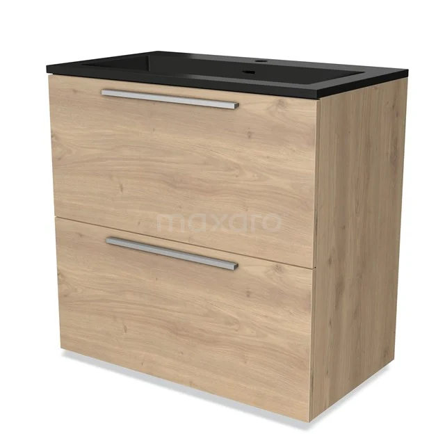 Houten badkamermeubel met zwart keramische wastafel, 2 lades en moderne handgrepen, ideaal voor stijlvolle badkameropberging.