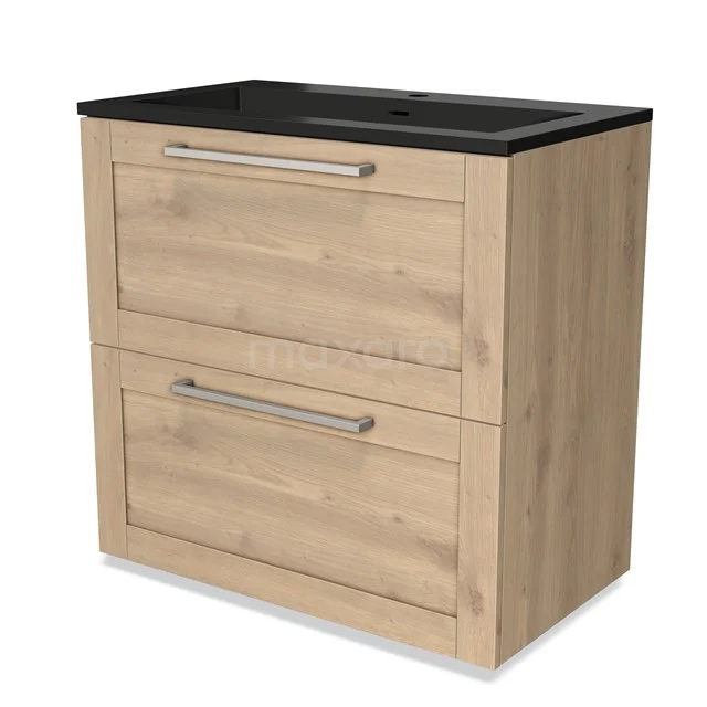 Holz-Badmöbel mit schwarzer Waschtischplatte, zwei Schubladen mit Metallgriffen, modernes Design für die moderne Badezimmergestaltung.