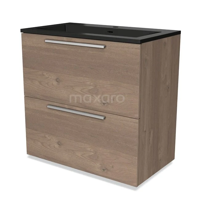 Houten badkamermeubel met twee lades en een zwarte wastafel, modern ontwerp uit premium Oak-serie.