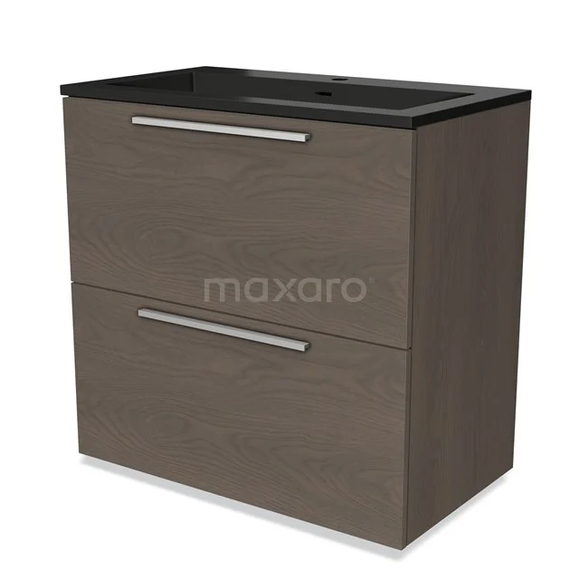 Houten badkamermeubel met donker stenen wastafel, twee lades en moderne handgrepen; stijlvol en praktisch design.