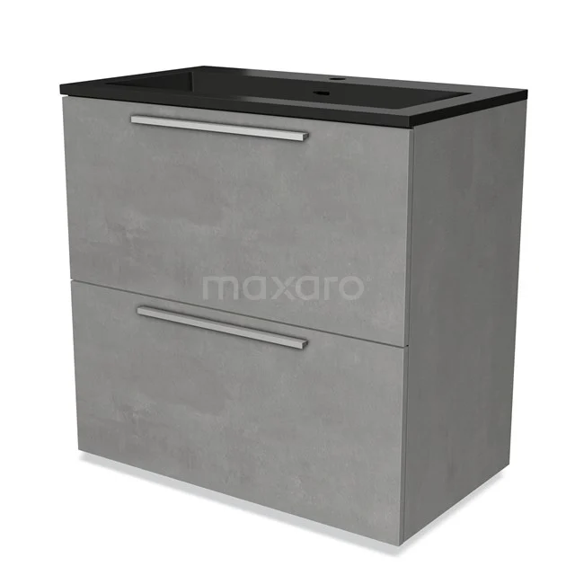Grijze badkamerkast met twee lades en zwart wastafelblad, modern design van betonlook materiaal.