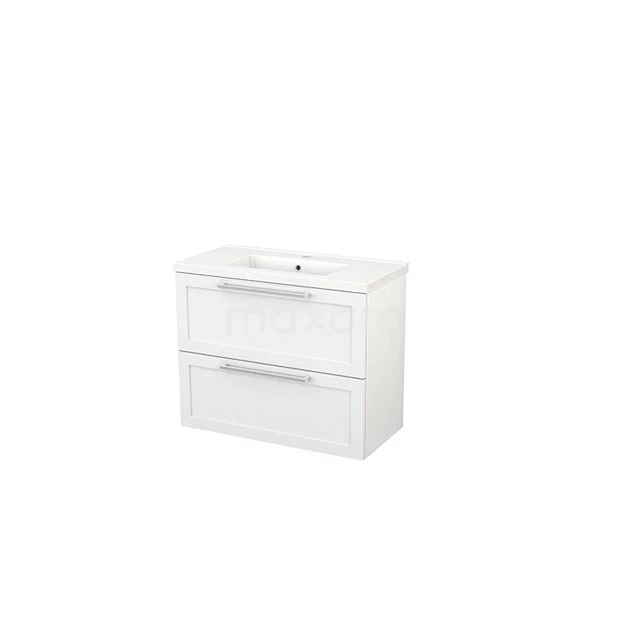 Weißes Badezimmermöbel mit zwei Schubladen, glänzender Front und integriertem Waschbecken, ideal für moderne Badezimmeraufstellungen.