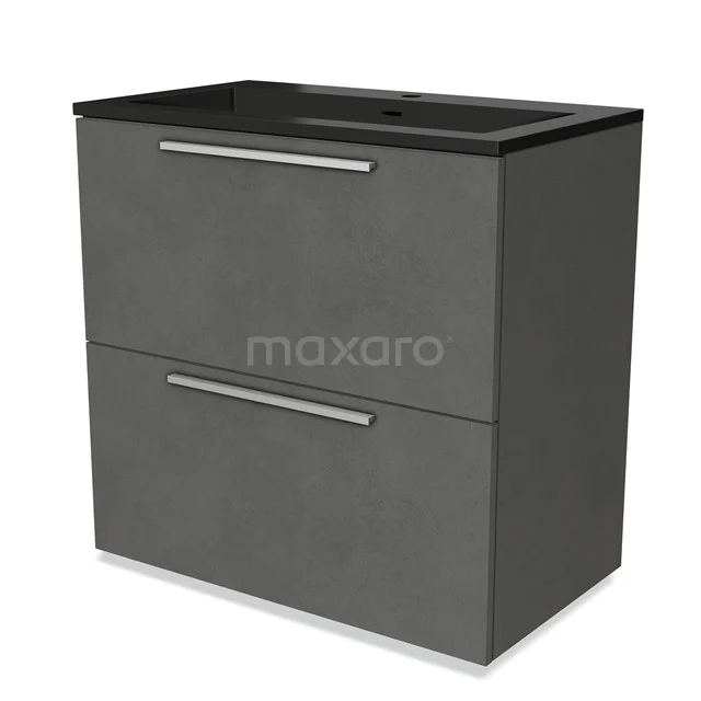 Grijze badkamermeubel met twee lades en zwarte wastafel, modern design, ideale opbergoplossing voor de badkamer.