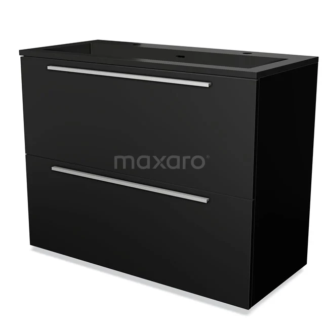 Schwarze Badmöbelset mit zwei Schubladen und Aluminium-Haltegriffen, moderne Ausführung, ideal für stilvolle Badezimmerlagerung.