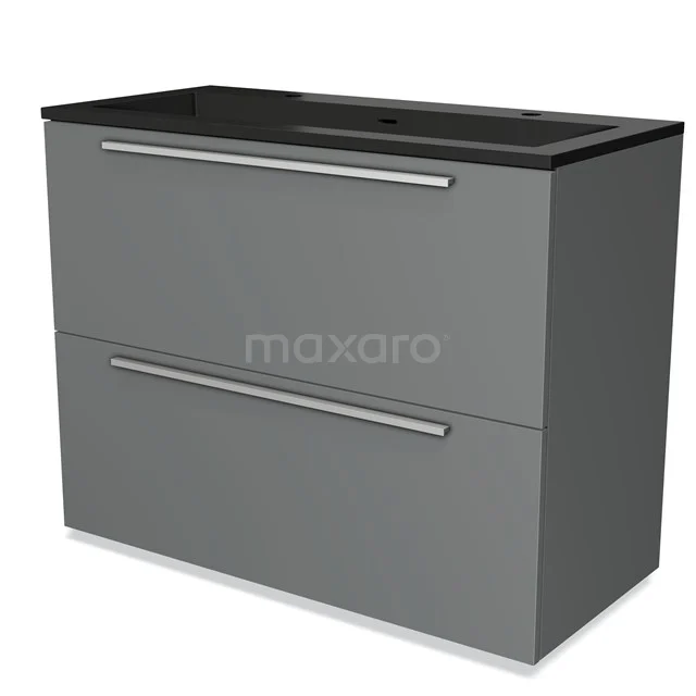 Grijze badkamerkast met twee lades, zwart wastafelblad, strak design, ideaal voor moderne badkamers.