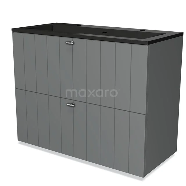 Grijze kunststof badkamerkast met horizontaal gestreept design en zwart blad, ideaal voor georganiseerde badkameropslag.