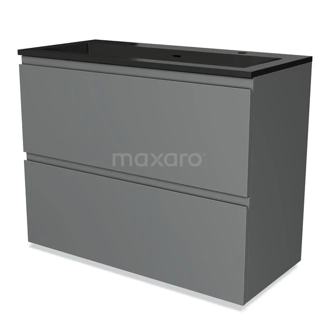 Badmöbel 100cm Modulo Mittelgrau 2 hohe Schubladen Griffloses Waschbecken Quarz BMW13-01298 Graue Badmöbelset mit zwei Schubladen und schwarzem Waschbecken, modernes Design und matte Oberfläche für ein stilvolles Badezimmer.