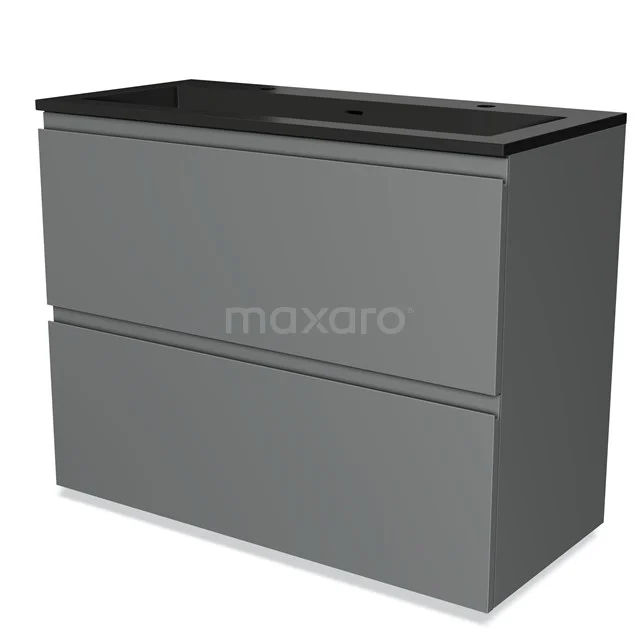 Grijze badkamermeubelset met twee lades en zwarte wastafel, modern design en matte afwerking voor een stijlvolle badkamer.